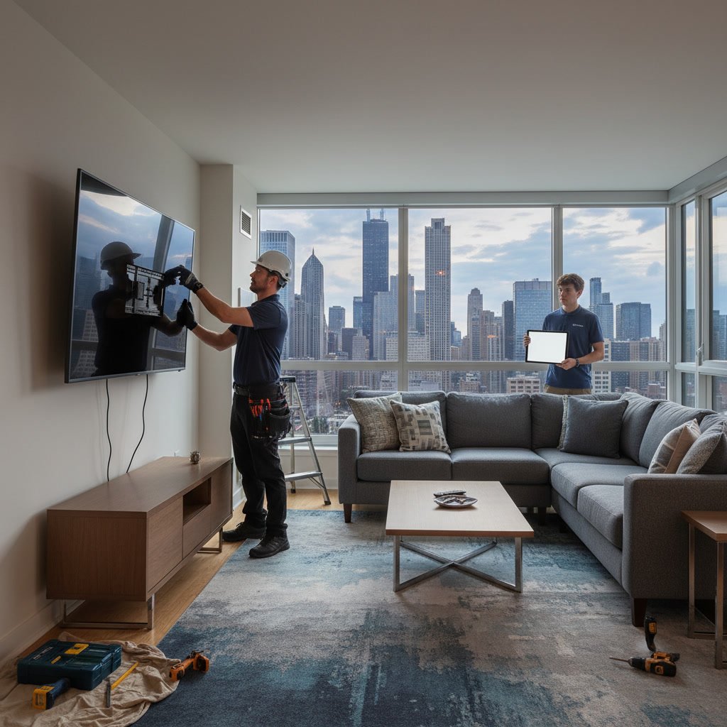 Professional TV mounting service showing mounted flat screen television on living room wall in Chicago home